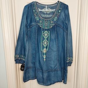 Monoreno Chambray Aztec Embroidered Bohemian Dress Small Blue